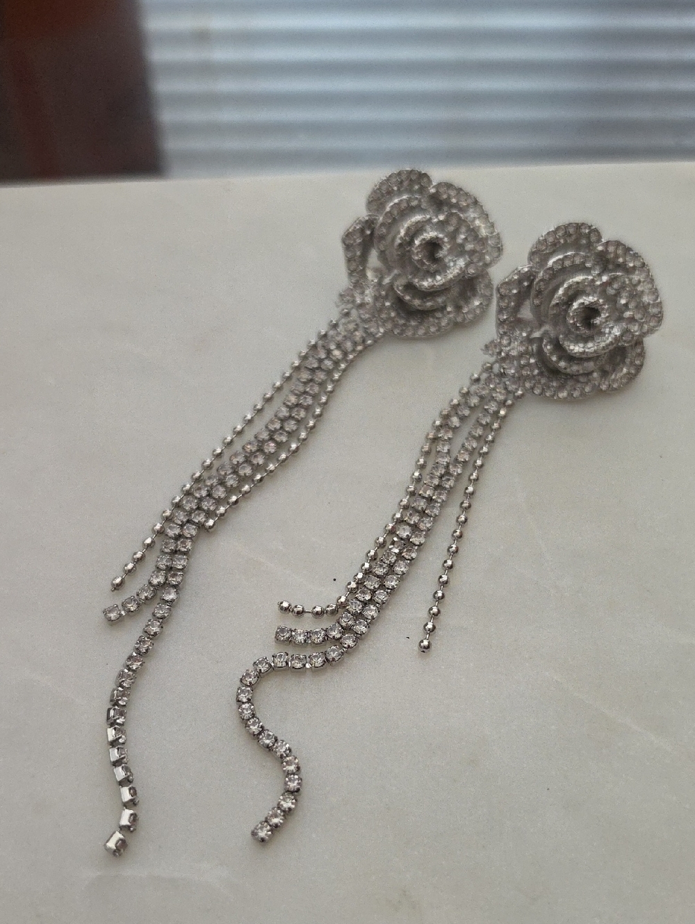 Silver Crystal Rose Drop Earrings - Women Jewelry